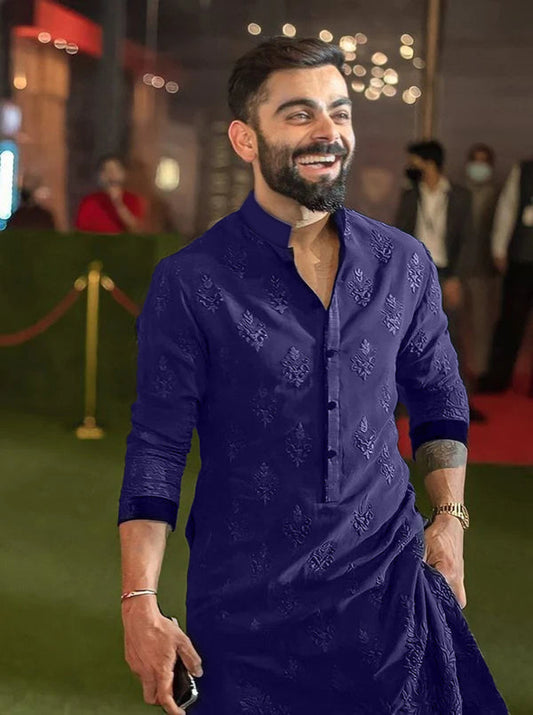 Virat Kohli's Signature Style Embroidered Blue Wedding Kurta
