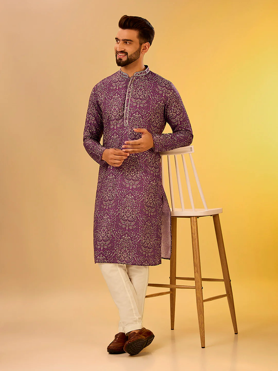 Men Burgundy Printed Kurta
