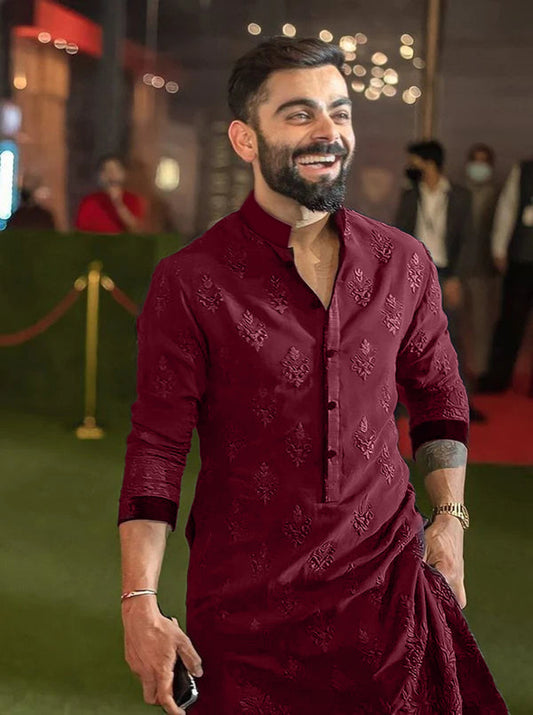 Virat Kohli's Signature Style Embroidered Red Wedding Kurta